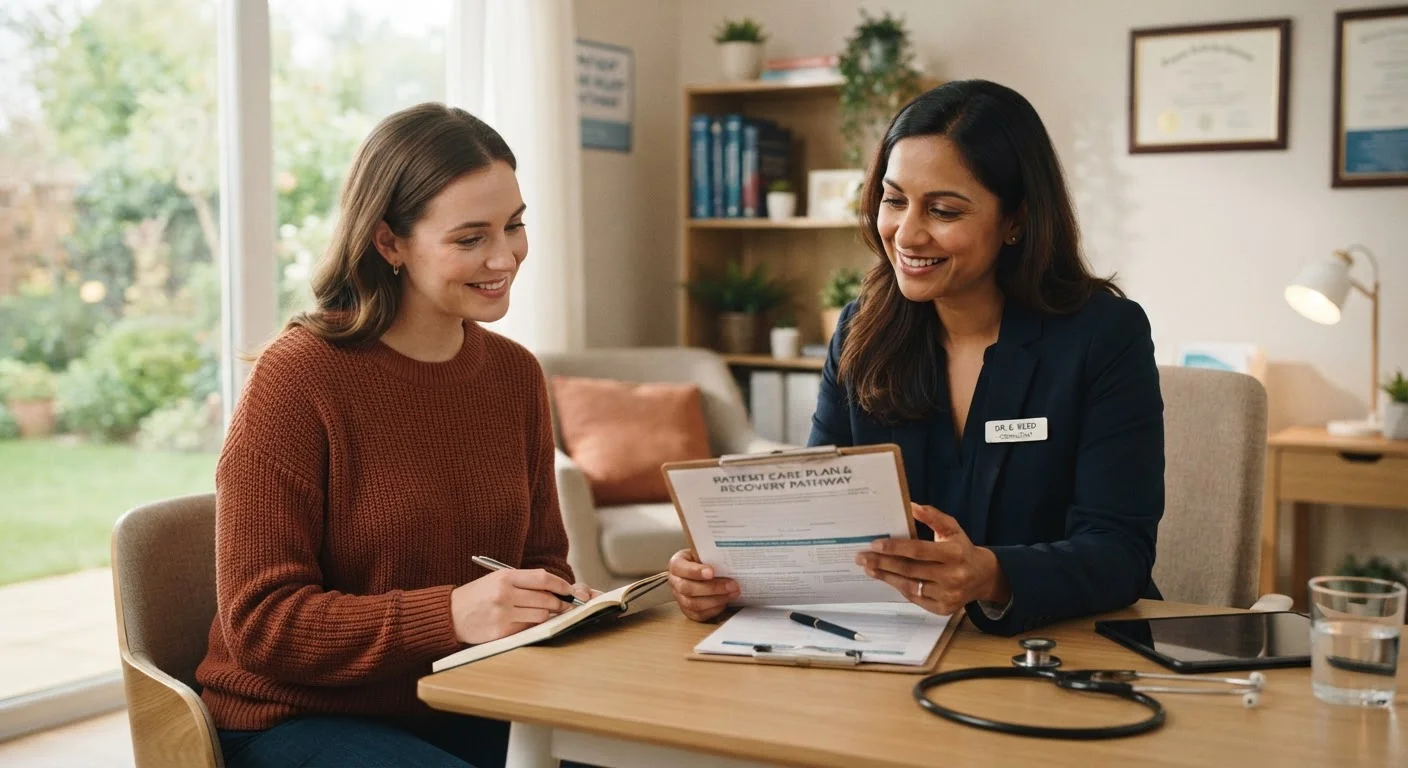 A woman consulting with a healthcare provider about fertility preservation options in a clinical setting