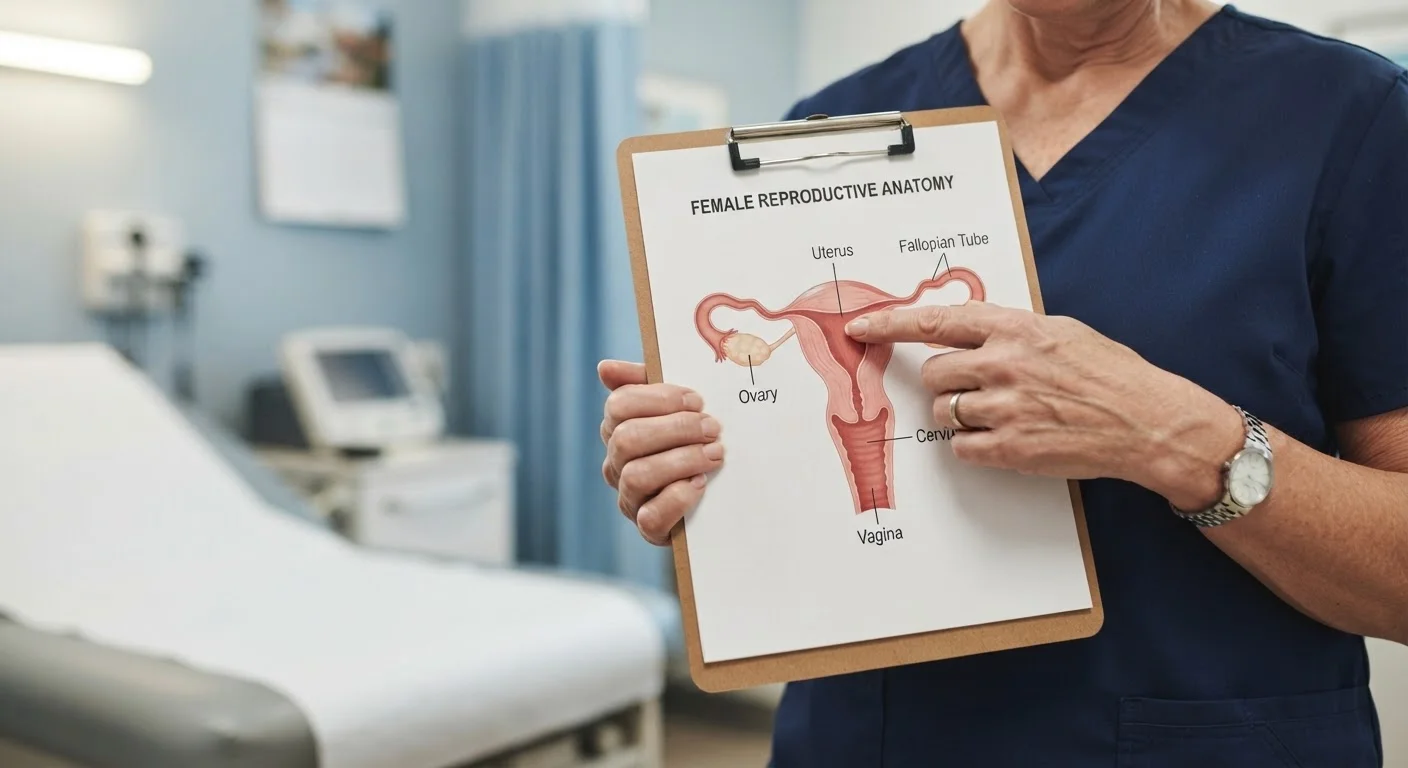 Doctor reviewing a diagram of the female reproductive system during a consultation